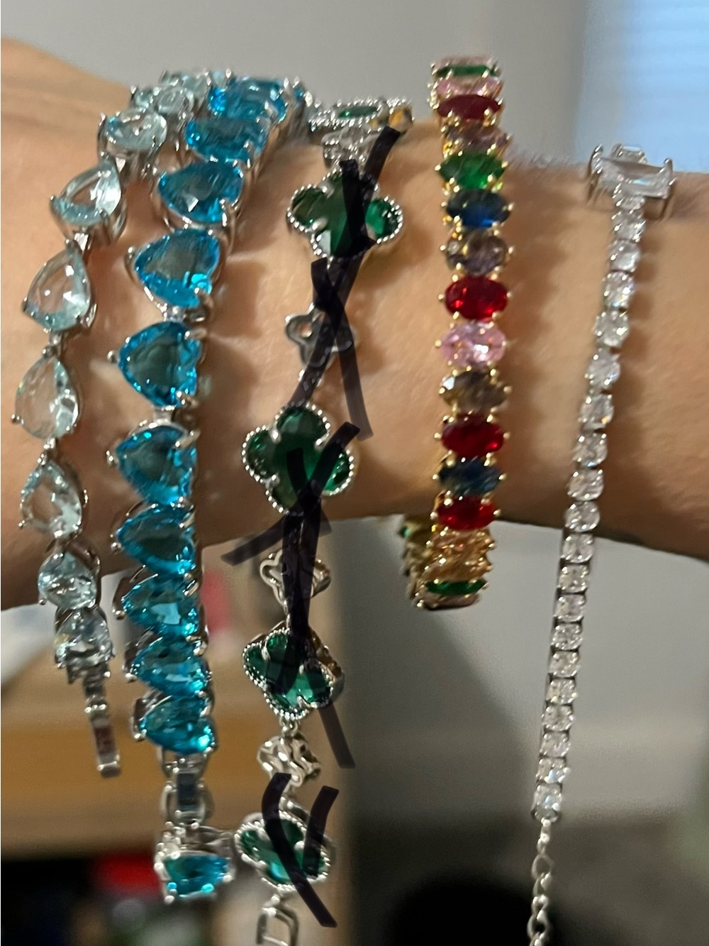 Silver Bracelet Set with Green and Blue Gem Accents